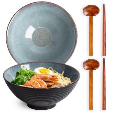 Imagem de Tacuhy Conjunto de 2 tigelas de ramen de cerâmica japonesa de 1,134 g com pauzinhos e colheres para macarrão de sopa asiática Pho Udon (cinza)
