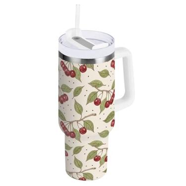 Imagem de SEHANY Copo de cereja fofo de 1,134 g com alça, copo isolado de aço inoxidável de parede dupla, à prova de vazamento, caneca de café isolada para viagem, cabe no suporte de copo de carro