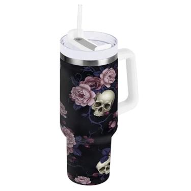 Imagem de SEHANY Copo de caveira e rosas de 850 g com alça, copo isolado de aço inoxidável a vácuo de parede dupla, caneca de café à prova de vazamento, copo isolado para viagem, cabe no suporte de copo de