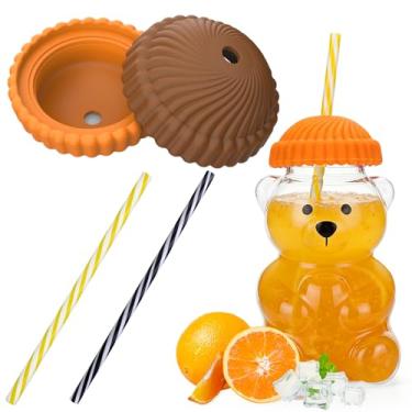 Imagem de Mity rain Canudo e tampa para copo de urso Starbucks, copo de urso de vidro, acessórios reutilizáveis, decorações fofas, tampas de silicone coloridas projetadas esteticamente (laranja e café)