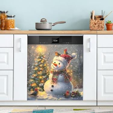 Imagem de SEHANY Linda capa magnética de boneco de neve de Natal, adesivos magnéticos decorativos antiarranhões para painel de geladeira e lava-louças, decoração de Natal de cozinha doméstica 58 x 66 cm