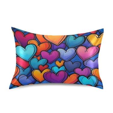 Imagem de ATTX Fronha de cetim com estampa de corações de amor coloridos com fecho de envelope, macia e refrescante para cabelo e pele, tamanho padrão 50 x 66 cm (134)