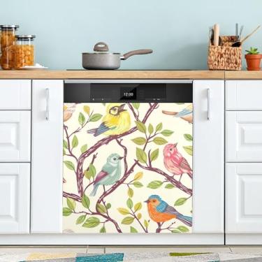 Imagem de xigua Pássaros coloridos em galhos capa magnética para lava-louças, adesivos magnéticos decorativos antiarranhões para painel de geladeira e lava-louças, decoração personalizada de cozinha doméstica