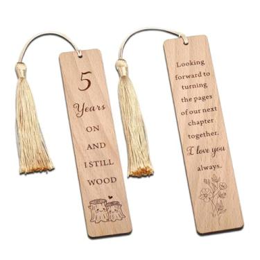Imagem de Presentes de madeira de aniversário de 5 anos para ela – Marcador de livro de madeira, presentes de casamento de 5º aniversário para esposa e marido, presente de madeira para mulheres e homens, 1 peça