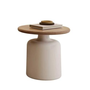 Imagem de Mesa de centro pequeno apartamento simples moderna mesa de centro sala de estar casa nova mesa de centro redonda estilo creme mesa de café de madeira maciça mesa de quarto (50 x 50 x 44)