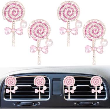 Imagem de 4 peças de clipes de saída de ar de carro pirulito brilhante, clipe de saída de ar condicionado automático de strass de cristal, pingente difusor de purificador de ar, acessório de decoração de