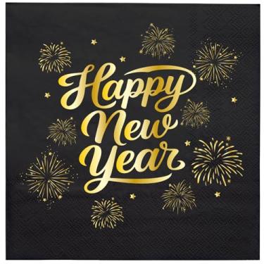 Imagem de WRAPAHOLIC 50 guardanapos de coquetel de feliz ano novo 2026 - guardanapos de papel descartáveis com folha dourada de 3 camadas para fogos de artifício para festa de ano novo, artigos de mesa - 12 x