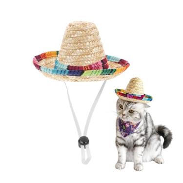 Imagem de POPETPOP Chapéu sombrero para cães - Boné sombrero mexicano para animais de estimação com alça ajustável no queixo, chapéus de palha de festa para cães pequenos, filhotes, gatos, como mostrado
