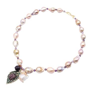 Imagem de Colar de pérolas Keshi roxo natural animal folha de inseto pérola barroca pingente de ametista feito à mão para mulheres colar com pingente