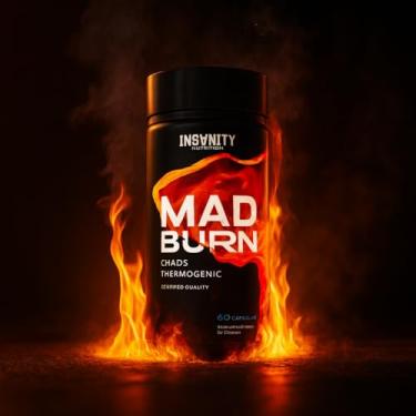 Imagem de Termogênico Premium Mad Burn, 60 Cápsulas, 8 Termogênicos, Cafeína Anidra, L‑Carnitina, Café Verde, Queima De Gordura, Metabolismo Acelerado, Marca INSANITY