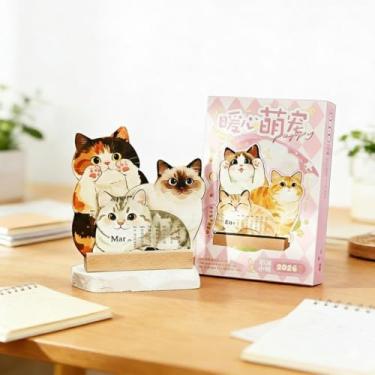 Imagem de Calendário de mesa pequeno 2026, mini calendário de mesa 3D em relevo para animais de estimação com suporte de madeira, agenda mensal removível de ano novo, 12 meses, presente para amantes de animais
