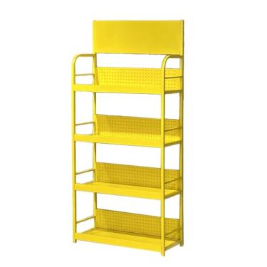 Imagem de Rack de armazenamento de frutas e vegetais de metal de 4 camadas - Organizador de latas de supermercado e prateleira dispensador de lanches para varejo, loja de conveniência, sala de entretenimento e