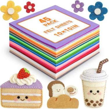 Imagem de 45 folhas de tecido de feltro artesanal de 25 x 25 cm, folhas de feltro não tecidas de 45 cores sortidas, quadrado de tecido de feltro grosso de 2 mm para artesanato de costura DIY, patchwork