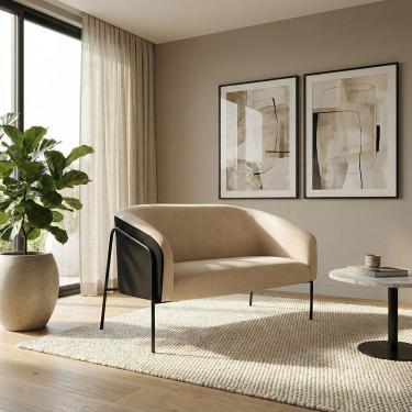 Imagem de Sofá Namoradeira Stella Industrial Alta Preta Sintético Pu Preto Linho D03 - D'rossi Cor Preto/linho Bege