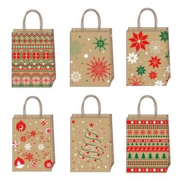 Imagem de Conjunto de sacolas de presente Kraft de Natal com estampas de Papai N