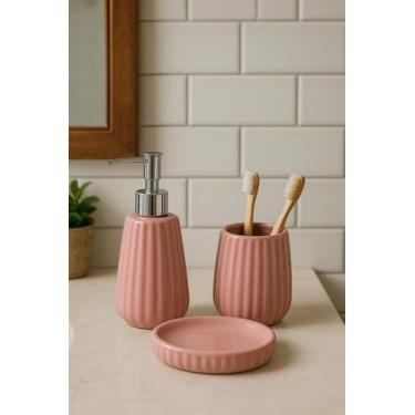 Imagem de Kit Banheiro Lavabo De Cerâmica 3 Peças Essentia Rosa Mek - Jolitex