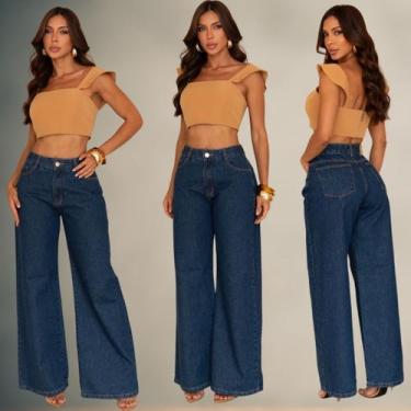 Imagem de Calça Wide Leg Jeans Feminina Cintura Alta Premium Confortável Modelag