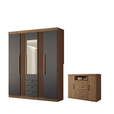 Imagem de Kit Guarda Roupa Casal Denver 4 Portas Dobradiças metálicas 3 Gavetas MDP Jatobá Grafite Casah