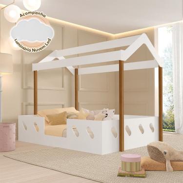 Imagem de Cama Casinha Montessoriana Isa Mdf + Luminária Nuvem Leds Paredes Quarto Infantil - Branco