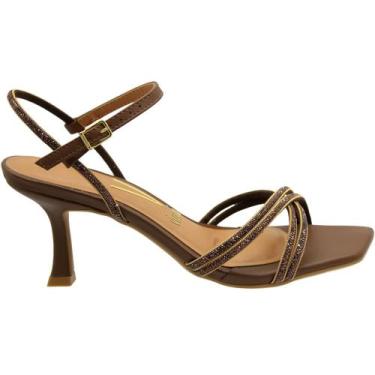 Imagem de Sandália Salto Médio Vizzano Tira Dupla Cruzada Strass Feminina, Marro