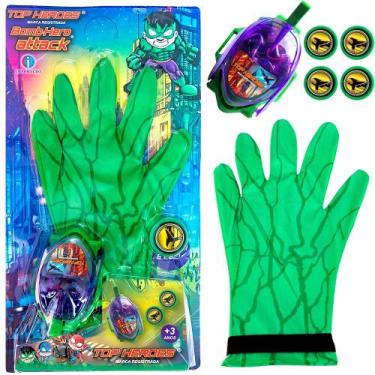 Imagem de Luva Super Herói Dispara Discos Top Hero Brinquedo Huk Verde com Luz e