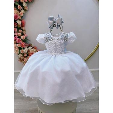 Imagem de Vestido Infantil Branco com Tule Bordado e Glitter para Daminhas de Ho