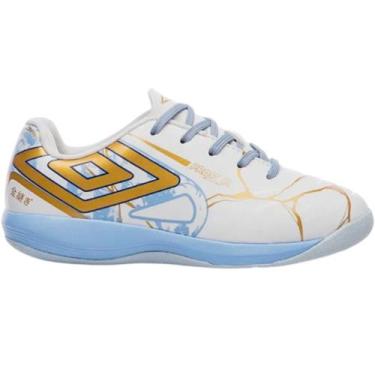 Imagem de Tênis Umbro Futsal Pro 5 Jr Bump Kintsugi Infantil, Branco, Azul, 35