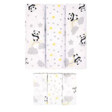 Imagem de Kit 6 Peças 3 Cueiros Bebê Estampado 50Cm X 80Cm e 3 Pano Boca 100% Al