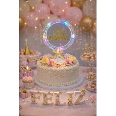 Imagem de Topo De Bolo Led Feliz Aniversário Decorativo Festa Dourado Feliz Aniv