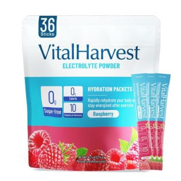 Imagem de Pacotes de eletrólitos em pó VitalHarvest 36 Sticks Raspberry