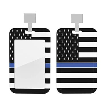 Imagem de Thin Blue Line – Porta-crachá com bandeira americana dos EUA, carteira com cordão macio para conferência escolar, escritório