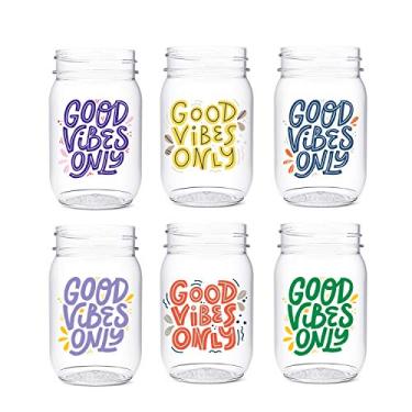 Imagem de TOSSWARE Pacote com 6 frascos Mason Good Vibes POP de 473 ml, recicláveis, inquebráveis e transparentes de plástico com impressão Mason, Good Vibes