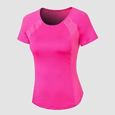 Imagem de Camiseta feminina de malhação malha de emenda de secagem rápida stretch fino gola O mangas curtas tops de ioga camisas atléticas(X-Large)(Rosa)