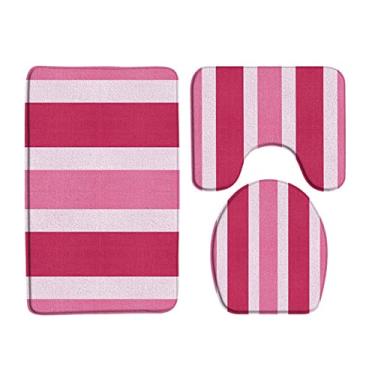 Imagem de Conjuntos de tapetes de banho listrado rosa moda simples tapete de porta de flanela decoração geométrica do banheiro tapete de tampa de vaso sanitário antiderrapante 3 peças/conjunto, 37Z, conjunto de 3 peças, 45x75 cm, conjunto de 3 peças