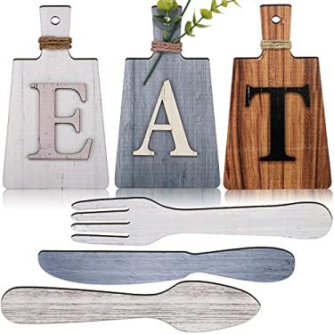 Imagem de Tábua de corte de 6 peças, conjunto de placas de comer para pendurar, cozinha, placa de comer, garfo, colher e faca, decoração de parede de madeira, cozinha rústica para fazenda, sala de jantar, cozinha e decoração de casa (cor vintage)