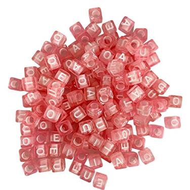 Imagem de 300 Miçangas Quadrada Translucida Rosa Letra Branca Vogal Conta Entremeio Para Montar Colar Pulseira Bijuterias Infantil
