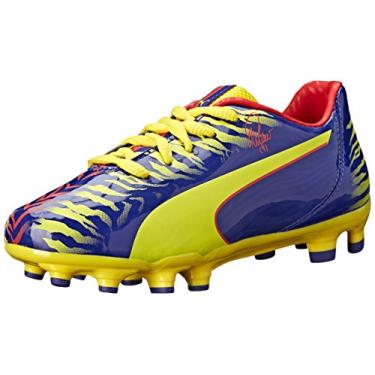 Imagem de PUMA Falcao 9 Firm Ground JR tênis de futebol (bebê/bebê/criança pequena/criança grande), Clematis Blue/Vibrant Yellow/Poppy Red, 4 Big Kid