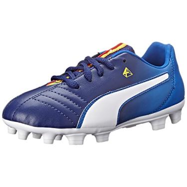 Imagem de PUMA Tênis de futebol Cesc 4 Ag JR (bebê/criança pequena/criança grande), Blueprint/branco/Puma vermelho/amarelo vibrante, 6 Big Kid