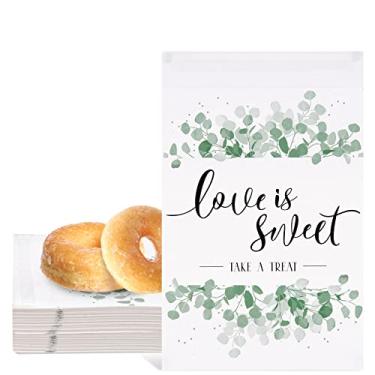 Imagem de AnyDesign 150 sacos de buffet de doces – sacos autoadesivos com padrão de folhas de eucalipto, papel kraft branco, 12 x 18 cm