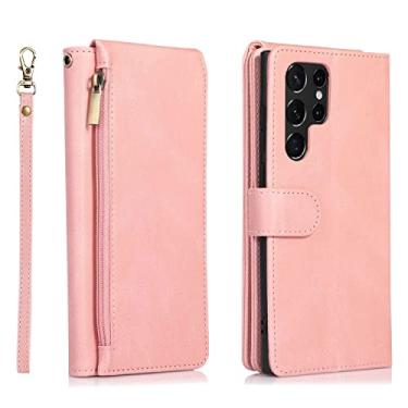 Imagem de DENSUL Capa carteira para Samsung Galaxy S22/S22 Plus/S22 Ultra, slot para vários cartões premium pulseira de couro PU flip Folio Kickstand proteção magnética contra quedas à prova de choque, rosa, S22 6.0"