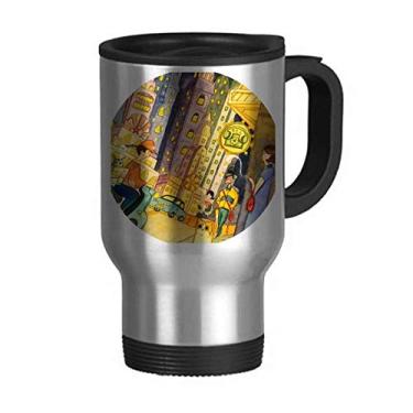 Imagem de Miaoji Caneca de viagem com pintura aquarela Cat City Town em aço inoxidável copo carro copo térmico