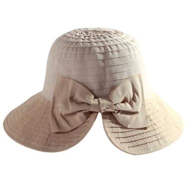 Imagem de Boné de viagem respirável dobrável aba larga chapéu de sol laço moda chapéu balde decorativo feminino casual boné dobrável bege, Bege, 1