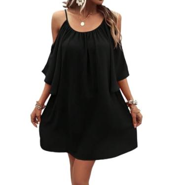 Imagem de Camisa Feminina Cold Shoulder Butterfly Sleeve Tunic Dress (Color : Black, Size : L)
