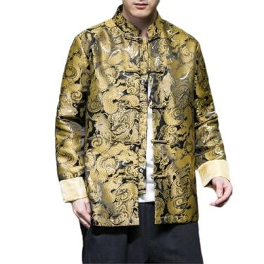 Imagem de Jaqueta masculina primavera/outono Tang Suit estilo chinês tang oriental vintage jaqueta dragão camisa casual, Dourado, M