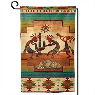 Imagem de Bandeiras de jardim de boas-vindas nativas americanas Kokopelli - Bandeiras verticais de dupla face, pequenas bandeiras decorativas para quintal de férias para todas as estações (resistente ao clima e