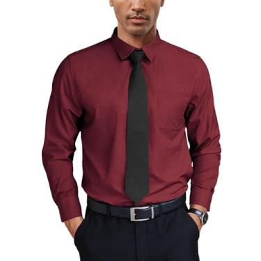 Imagem de Angbater Camisa social masculina de manga comprida, casual, com botões, camisa formal para negócios com bolso combinando, Vinho tinto, G