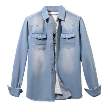 Imagem de Camisa jeans masculina manga comprida cor gradiente colarinho espalhado agasalho bolsos laterais camisa ajuste solto, Azul claro, 4G