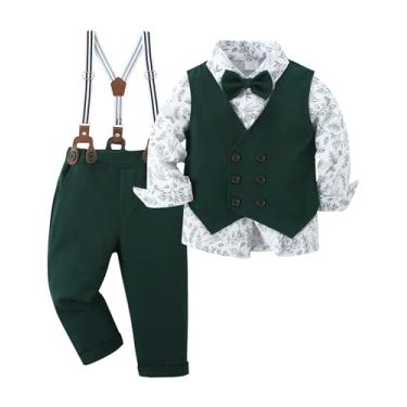 Imagem de YALLET Roupas para meninos, camisa social formal com gravata borboleta + colete + calças suspensórias, roupas de casamento para crianças grandes, cavalheiro, 6 a 10 anos, Verde, 6-7 anos