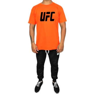 Imagem de Kit Conjunto Masculino Camiseta Algodão e Calça Moletom Casual Estampado UFC (Laranja, P)