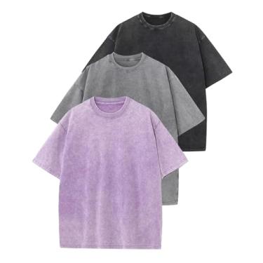 Imagem de Wyeysyt Pacote com 3 camisetas masculinas grandes vintage folgadas de algodão manga curta casual lavagem ácida camisetas unissex, Cinza preto e roxo, G